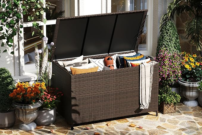 185 Gallon Outdoor Storage Box with Wheels - Large Wicker Rattan Deck Box for Patio Cushions, Garden Tools, Pool Floats & Pillows, All-Weather Patio Furniture Storage, Brown