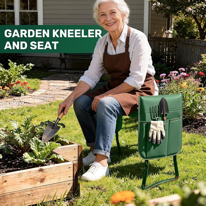 Garden Kneeler and Seat with 2 Tool Pouches for Gardening Work | 350lbs Max Load Alloy Steel Frame, 10.23in Wide EVA Foam Pad, Foldable Stools for Seniors, Kneeler Seats with Handles
