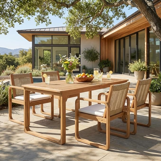 Christopher Knight Home Trazy Acacia Wood Outdoor Dining Set for 4, Patio Dining Table Set for 4, Outdoor Dining Table and Sled Base, Dining Chairs with Cushion + Rope Backrest, Teak + Brown + Beige