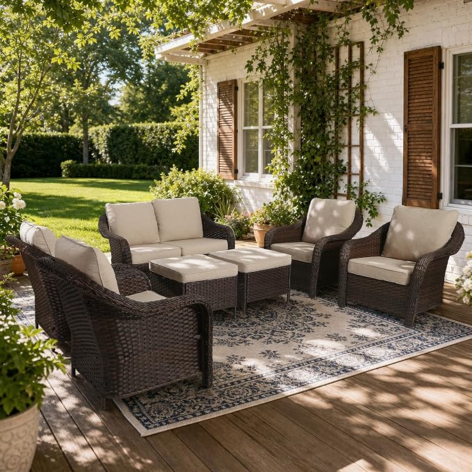 7 Piece Patio Wicker Conversation Set, All-Weather Use Outdoor Wicker Loveseat with 2 PE Rattan Ottomans,4 Chair, Ideal for Porch, Backyard, Balcony, Poolside, Beige