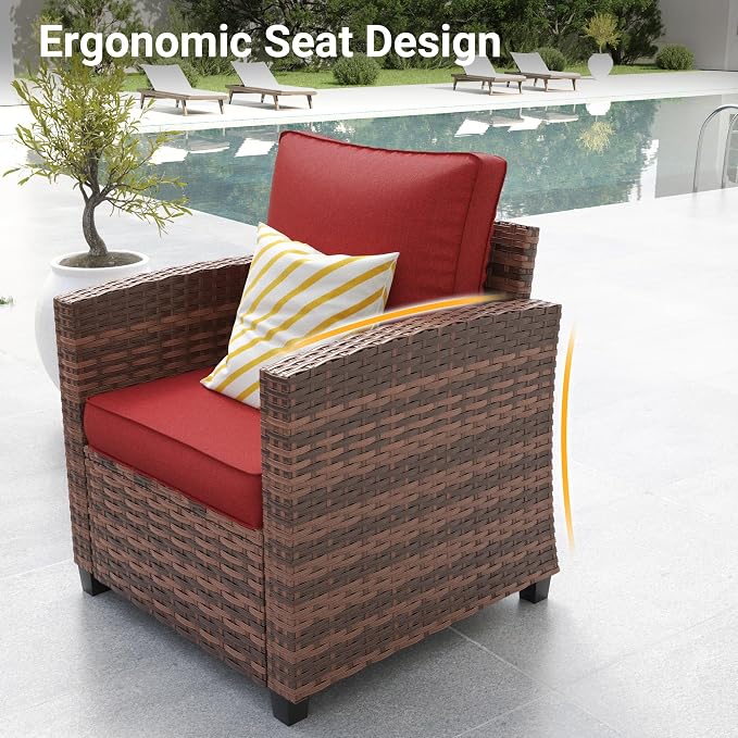 6 Pcs Patio Furniture Set with 44" Propane Gas Fire Pit Table, Rattan Outdoor Couch with Ottomans, 4" Thick Cushions for Backyard Garden Deck,Wine Red