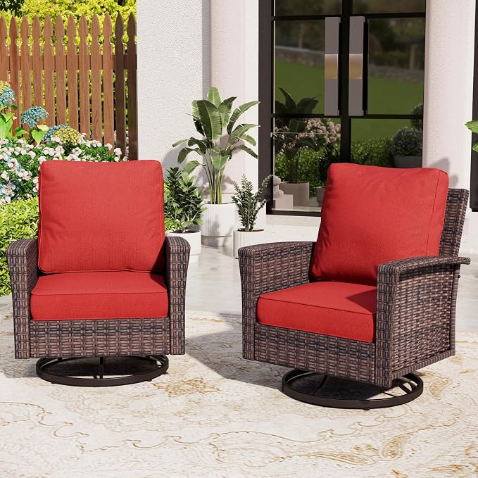 SUNSHINE VALLEY Patio Wicker Swivel Chairs Set of 2, Outdoor High Back Chairs with 5.5" Waterproof Cushions, Outdoor Furniture Set for Deck Porch and Yard, Red