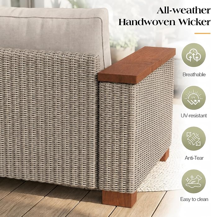 PaPaJet 7-Piece Wicker Patio Furniture Set with Solid Wood Armrest, Outdoor Patio Set with Thick Legs, UV-Resistant Modular Outdoor Sectional Sofa for Backyard, Porch, Garden