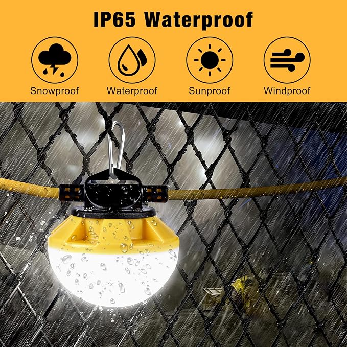 50FT LED Construction String Light, 50W 6000Lm,18AWG Wire,5000K Linkable String Work Lights with 5 Bulbs & Hooks, Industrial Temporary Lighting for Construction Site, Crawl Space,Job Site,Attic