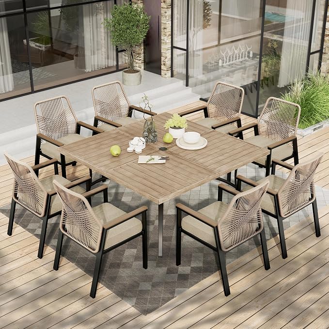 HERA'S HOUSE Patio Dining Set for 8, Metal Square Table & Rattan Chairs | 8 cushioned chairs + steel table. Waterproof, stain-resistant & wipe-clean. Ideal for Outdoor, backyard & poolside.