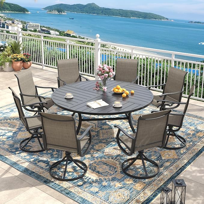 Outdoor Dining Set for 8, 60.1" Metal Round Outdoor Dining Table with Umbrella Hole and Sling Patio Swivel Chairs, 9 Pieces Patio Table and Chairs Set for Garden Backyard, Mixed Brown and Black