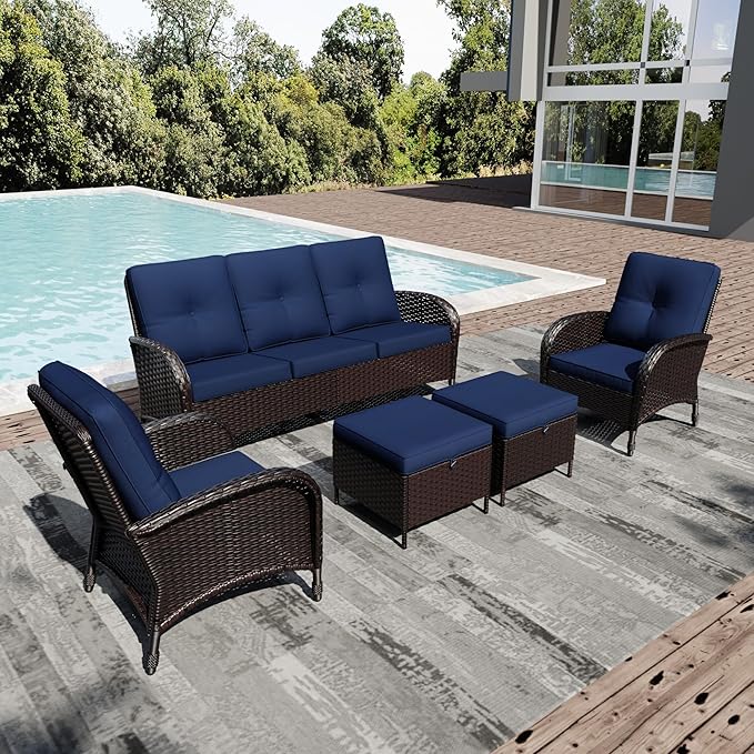 Joyside Wicker Patio Furniture Set, 5 Piece Outdoor Furniture Set with Thickened Cushions, High Back, Deep Seating, Wide Armrest, Rattan Outdoor Chairs for Porch, Deck