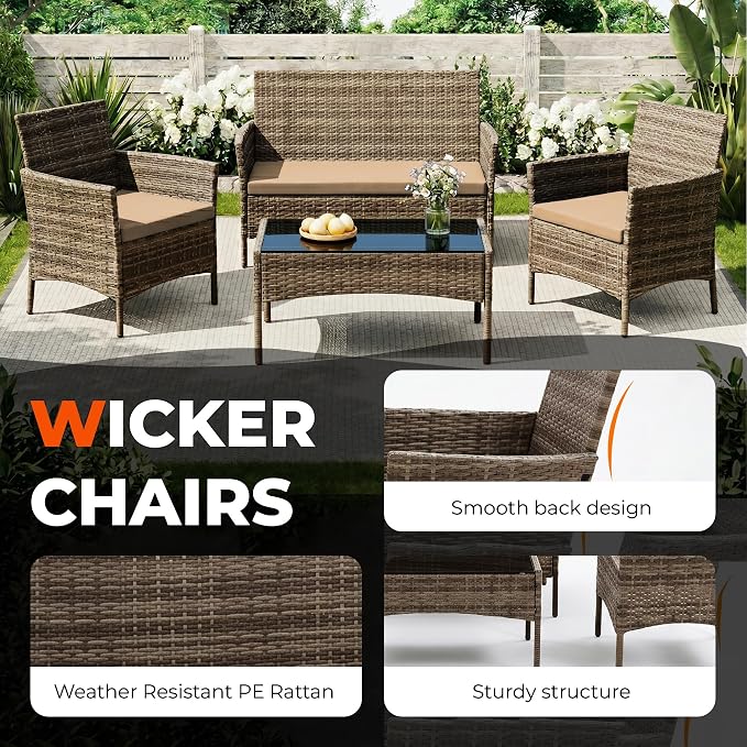 4 Pieces Outdoor Patio Furniture Set, Wicker Patio Conversation Set with Tea Table, All-Weather Outside Rattan Sectional Sofa for Backyard, Poolside, Garden, Balcony, Brown/Beige