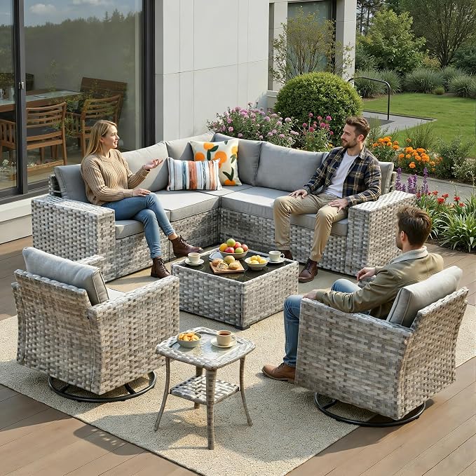 9 Pieces Patio Furniture Set, Wicker Outdoor Sectional Sofa with Swivel Chair Comfy Cushions, Modern Modular Deep Seat Rattan Couch Conversation Set for Backyard Porch Yard,Dark Grey