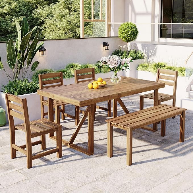 6 Person Outdoor Acacia Wood Dining Table Set, All Weather 6 Pieces Conversation Set, 60'' Rectangle Dining Table with 4 Chairs and Bench for Patio Backyard Garden Poolside Balcony (Natural-26)