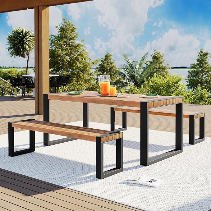 3 PC Outdoor Dining Set with 2 Benches Acacia Wood Tabletop & Steel Frame | All-Weather Patio Furniture for Backyard, Garden, or Indoor Use, Natural