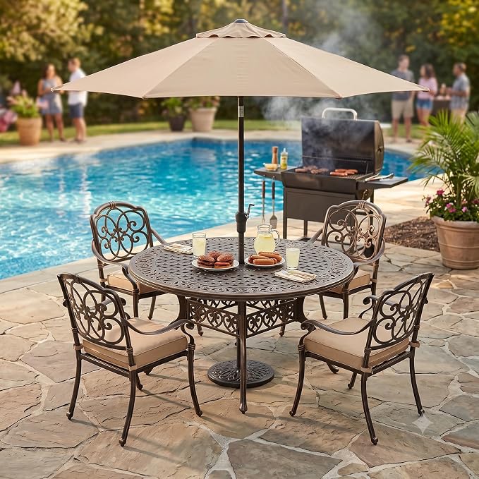 5-Pcs Cast Aluminum Patio Dining Set for 4, 54" Round Table,Bronze | Outdoor Furniture Set Include Dining Table and 4 Stackable Chairs with Cushions & Umbrella Hole