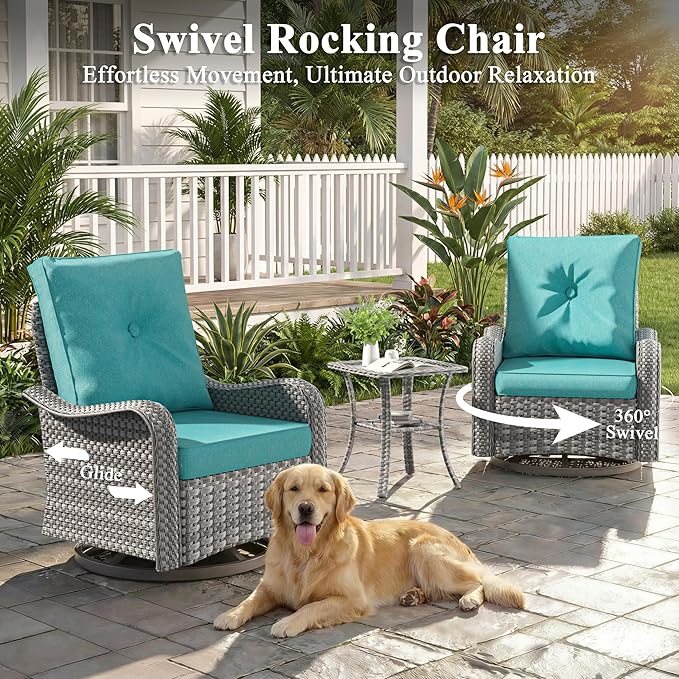 6 Piece Wicker Patio Furniture Set, Swivel Rocking Chairs with 4''Cushions, PE Rattan, Rust Resistant Frame, Double Layer Glass Side Table, for Backyard, Deck or Balcony, Blue