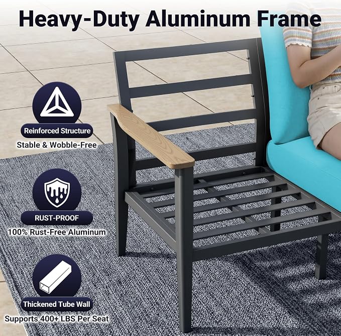 Aluminum Outdoor Patio Furniture Set, 4-Piece Outdoor Sofa with 5.1" Thick Cushions, 2 Swivel Rocking Chairs and 1 Side Table, Outdoor Couch for Backyard, Balcony, Blue