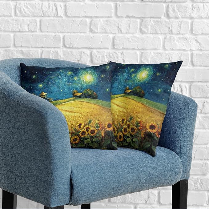 Fall Throw Pillow Covers 24x24 Set of 2 Autumn Sunflower Wheat Field Harvest Pillow Covers Scarecrow Under Van Gogh Starry Night Thanksgiving Pillowcase for Home Decor Couch