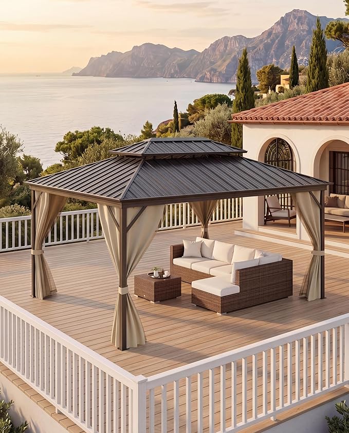 Hardtop Gazebo 12 x 16 ft for All Weather, with Double Metal Roof, Aluminum Alloy Frame, Net, and Curtain, Permanent Building for Patio, Deck, Backyard, Lawn, and Garden
