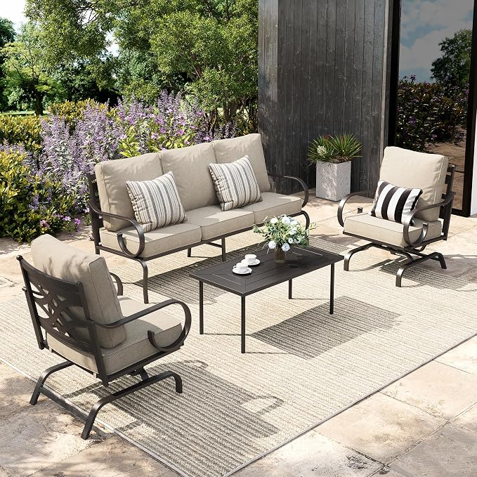 Sophia & William Patio Conversation Set for 5, 3-Seater Sofa, 2 Rocking Chairs and a Coffee Table, Metal Outdoor Furniture Set with 5.75" Extra Thick Cushions, Beige