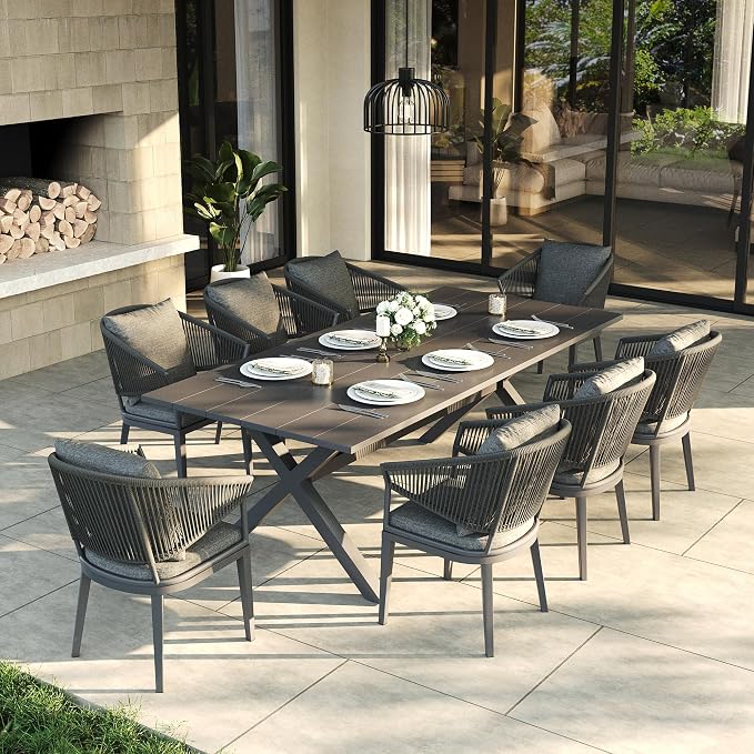 LayinSun 9 Piece Outdoor Dining Table Set, Aluminum Modern Rectangular Dining Table and All-Weather Wicker Chairs Set for Patio Deck Indoor Decor Kitchen