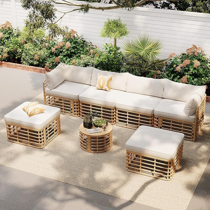 7 Pieces Outdoor Patio Rattan Sectional Sofa Set, Beige All-Weather Wicker Conversation Furniture with Thick Cushions, Modular Garden Seating, Freely Combined Lounge Set with Round Coffee Table