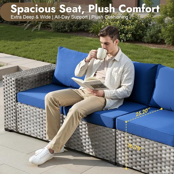 6 Pieces Patio Furniture Set, Wicker Outdoor Sectional Sofa with Coffee Table Comfy Cushions, Modern Modular Deep Seat Rattan Couch Conversation Set for Backyard Porch Yard,Navy Blue