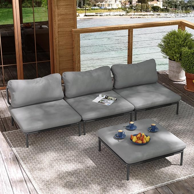Patio Furniture Set, Outdoor Patio Furniture Oversized Metal Single Sofa, 4-seat Conversation Set with Cushion for Indoor and Outdoor, Black Frame and Dark Grey Mat (4 Seats 4 Armrests)