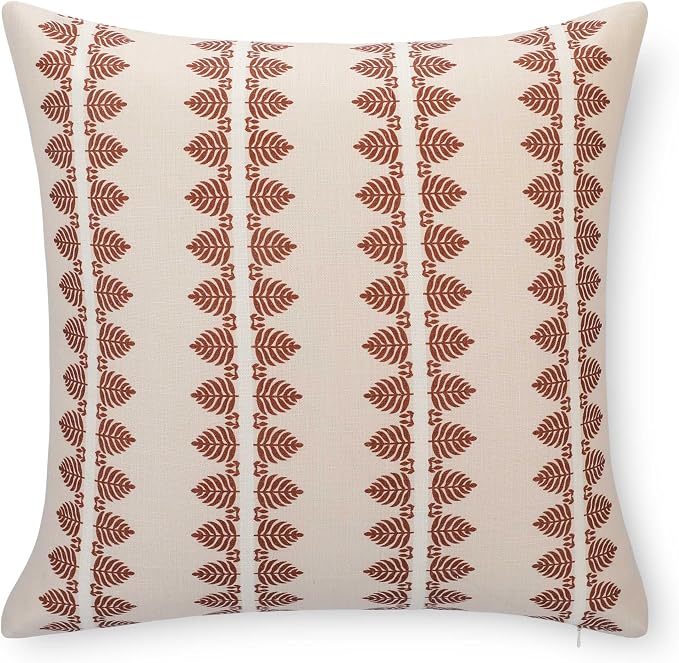 Crumbs Home Modern Farmhouse California Casual Indoor Outdoor Throw Pillow Cover, 20"x20" Water Repellent for Patio, Backyard, Couch, Poolside, Earth Tone Rust Orange Neutral Print Leaves Stripes