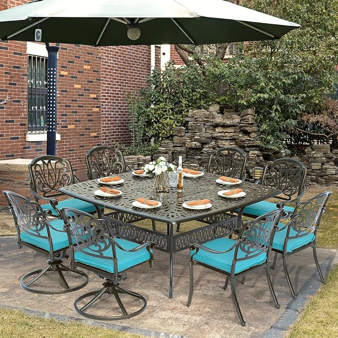 9-Piece Patio Cast Aluminum Dining Set, Outdoor Dining Furniture Set for 8 Person, Includes 64" Square Table, 6 Stationary and 2 Swivel Dining Chairs with Umbrella Hole, Ocean Blue