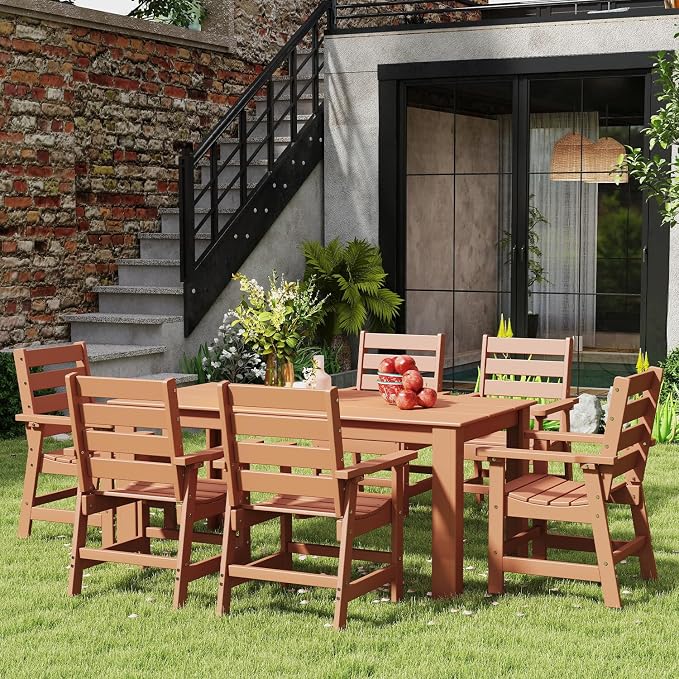 IVY&LANE Outdoor 7-Piece Dining Set for 6 | HDPE | 67’’ Rectangle Table and Chairs | Patio Furniture Sets | All Weather | Umbrella Hole | Teak | for Poolside Lawn Garden Backyard