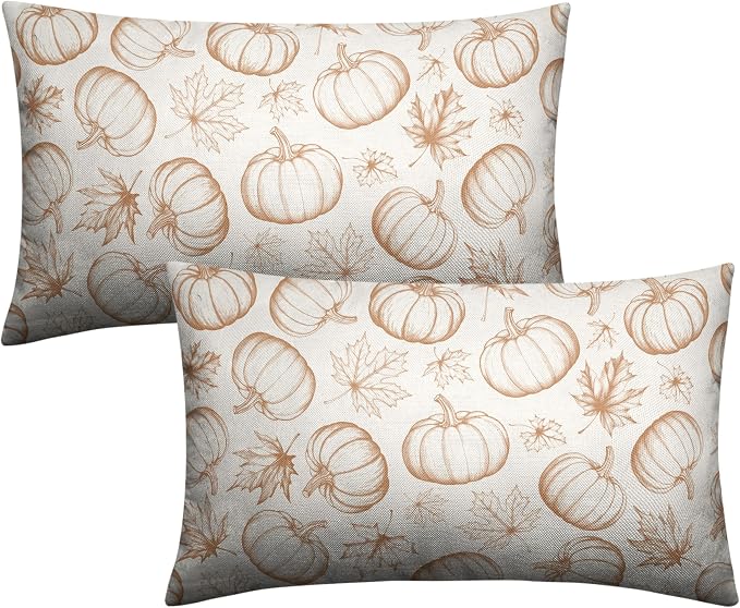 Fall Pumpkin Lumbar Pillow Covers 12x20 Set of 2 Burnt Orange Cream Maple Leaves Throw Pillow Covers Autumn Pillowcase Rectangular Cushion Case for Home Decor Outdoor Sofa