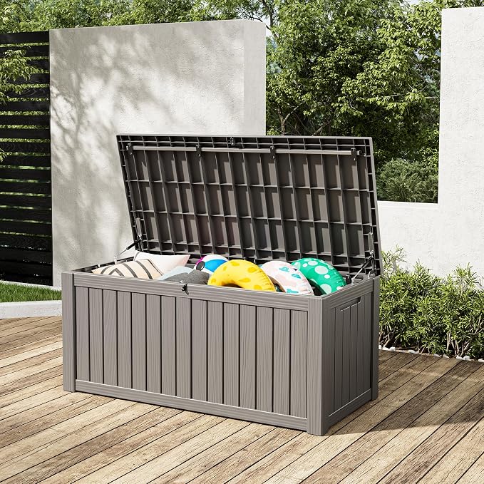 Outdoor Storage Box, 120 Gallon Deck Box, Resin Waterproof Outside Storage Bench, Outdoor Storage Cabinet With Lockable Lid, Backyard Deck Box For Garden Tools, Patio Cushions, Pool Accessories