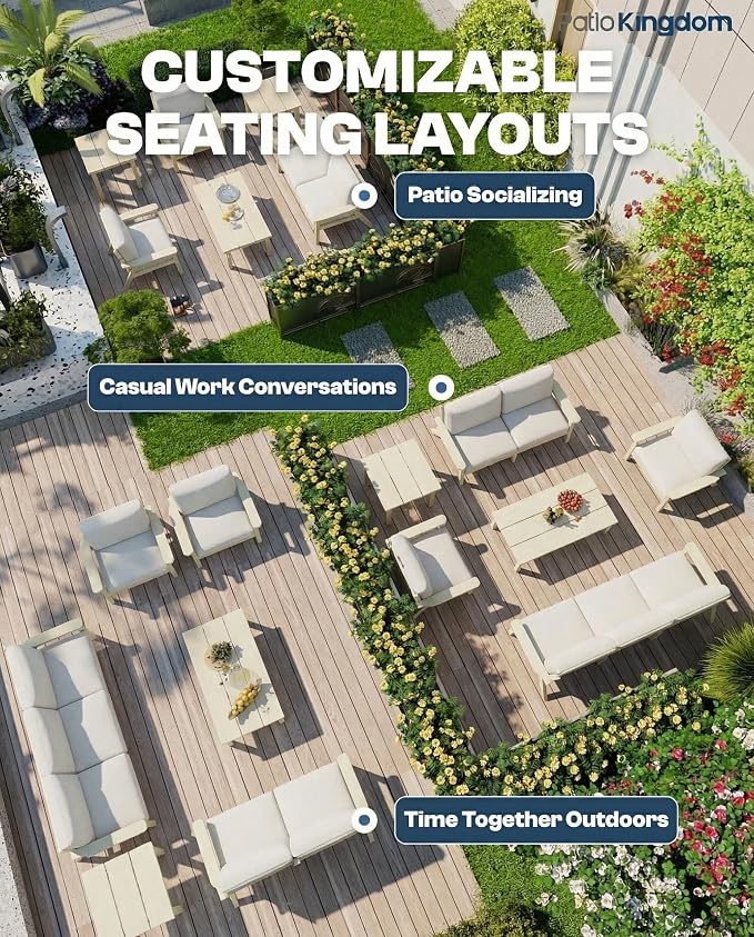 HDPE 7 Piece Patio Furniture Set, HDPE Outdoor Sectional with with Beige Thick Cushions, Coffee Table and Side Table, Patio Conversation Sets for Lawn, Garden, Porch (White Frame)