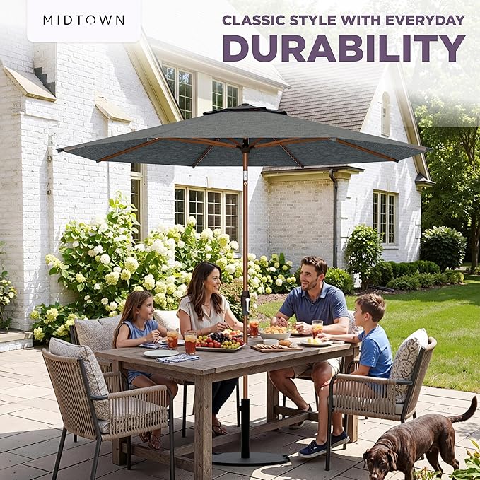 Midtown Umbrellas Wooden 2-10 Ft Patio Umbrella with 360° Swivel & Tilt Mechanism, 8 Fiberglass Ribs & Terylast Polyester Fabric for Deck, Pool, Garden & Porch - Greige Canopy, Wooden Pole