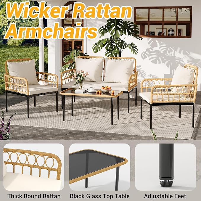 GarveeLife 4 Pieces Patio Furniture Sets Wicker Outdoor Patio Table and Chairs Set with Glass Side Table, Loveseat Chairs, Boho Rattan Conversation Sets for Backyard, Bistro, Apartment, Porch, Beige