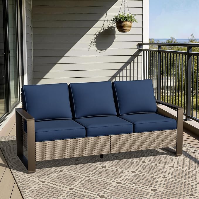 Joyside Outdoor Patio Wicker Sofa, 3-Seater Rattan Sofa with Thick Olefin Cushions and Metal Steel Rectangular Framed Armrest -Looking Metal Armrest Suitable for Garden, Backyard, Porch, Deck, Blue