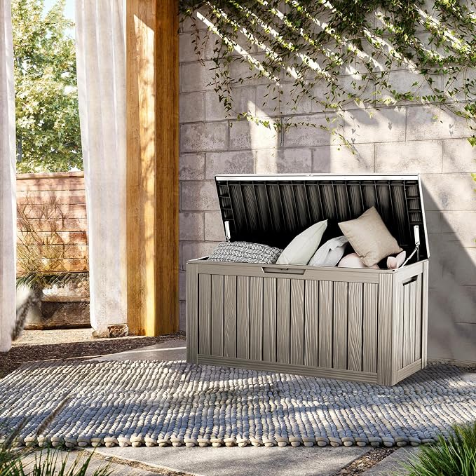 TARKARI 80 Gallon Outdoor Storage Box Waterproof, Resin Deck Boxes with Lockable Lid & UV-Resistant for Patio, Pool, Garden Furniture Cushions & Accessories, Coffee