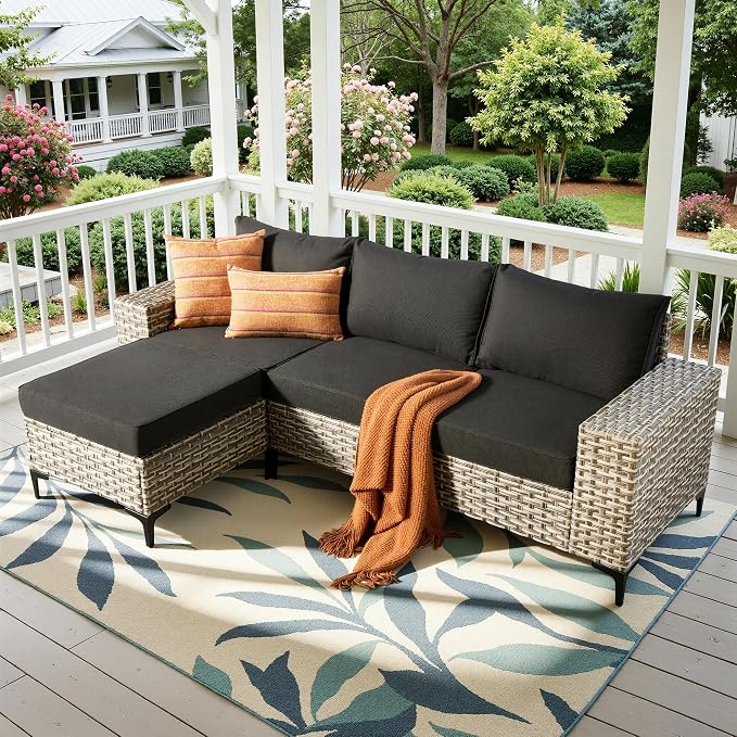 Patio Furniture Set, 4 Pieces Outdoor Wicker Conversation Sets with Coffee Table Outdoor Sectional Sofa for Balcony Backyard Poolside Garden Lawn (Black)