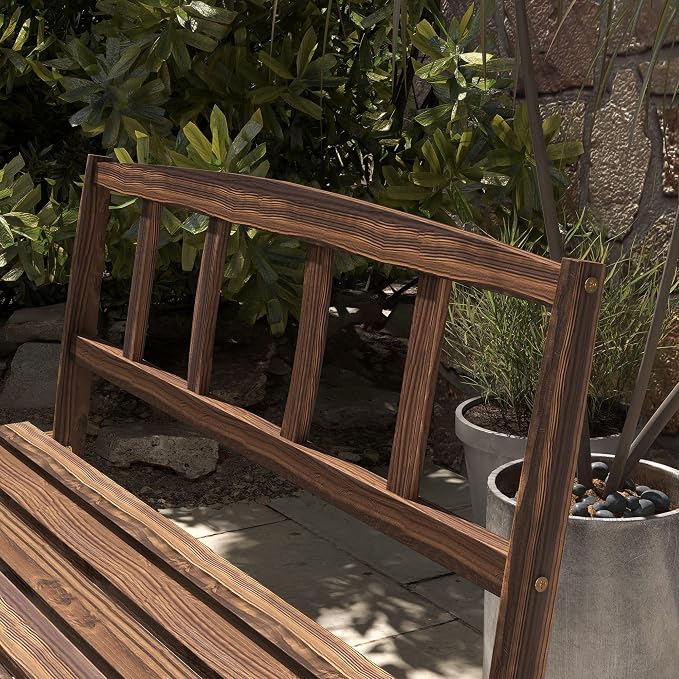 3-Piece Carbonized Pine Patio Dining Set: Wagon Wheel Table & 2 Benches (45.25" L), Rustic Outdoor Furniture for 4-Person, Rain-Ready Slatted Design