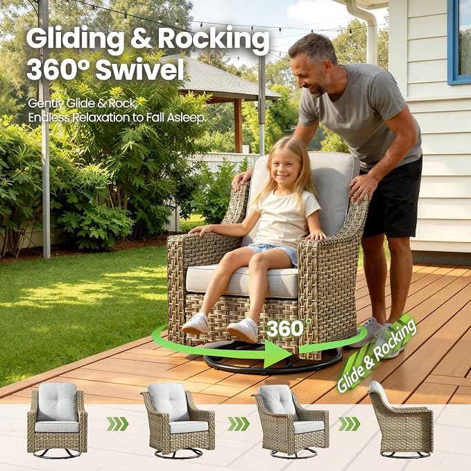 6 Piece Patio Furniture Set with Fire Pit Table, Conversation Sets with High Back Swivel Rocker Chairs, Outdoor Wicker Sofa Loveseat with Comfy Cushion for Backyard Deck Garden, Dark Gray
