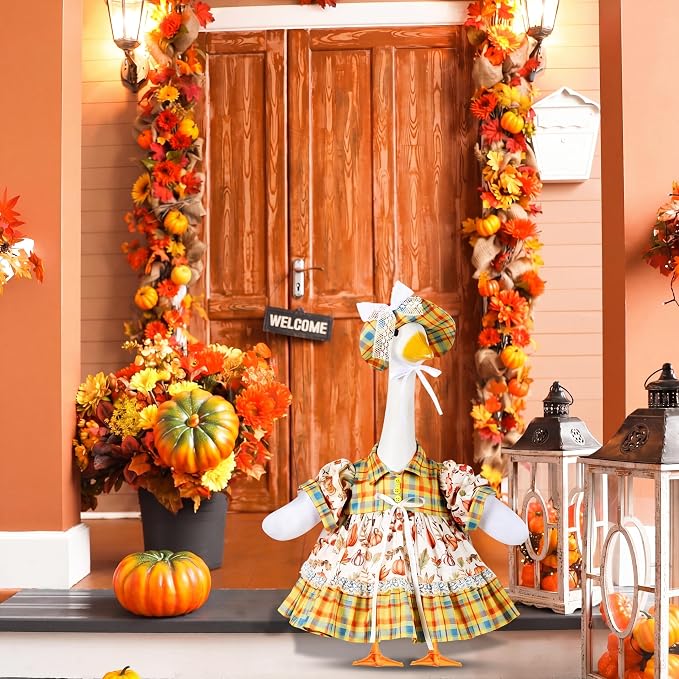 FuWeave Fall Porch Goose Outfit Maple Goose Costume Fancy Porch Geese Clothes with Wide Hat for 23" 17" Outdoor Patio