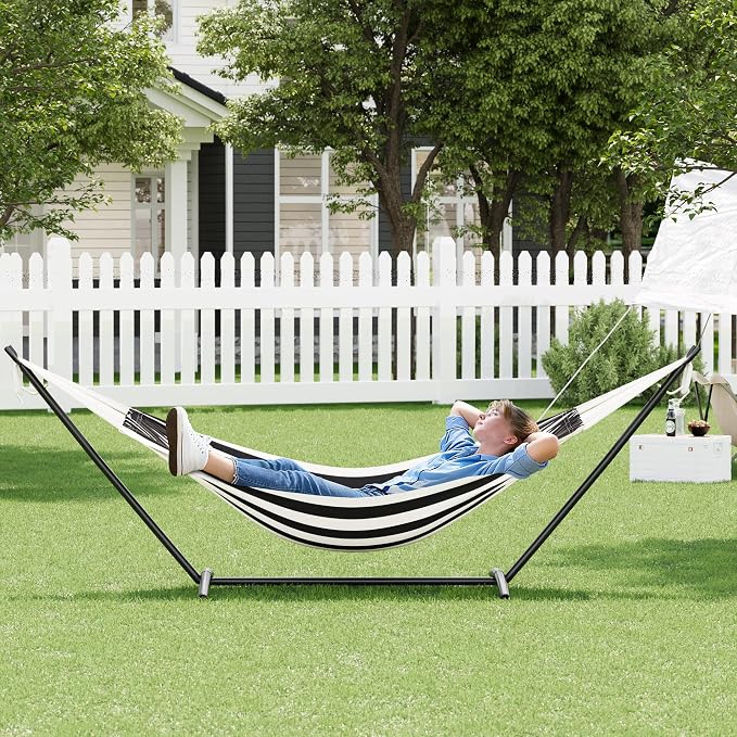 Double Cotton Hammock with Heavy Duty Steel Stand – 450 Lbs Capacity Brazilian Style Portable Hammock with Carry Bag for Backyard, Garden & Camping