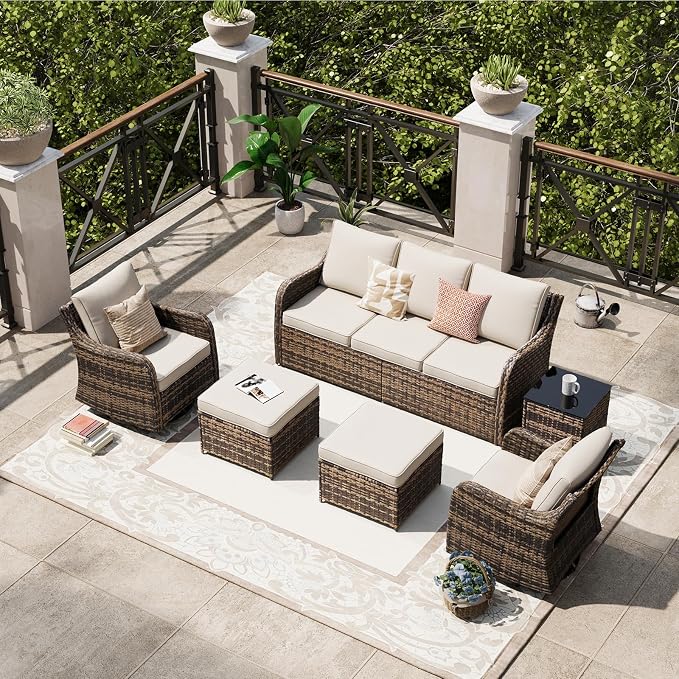 MEISSALIVVE Patio Furniture Set with Swivel Rocking Chairs, 6 Pieces Patio Conversation Set, Outdoor Wicker Sofa Couch with Waterproof Cushions for Lawn Backyard Porch (Brown)