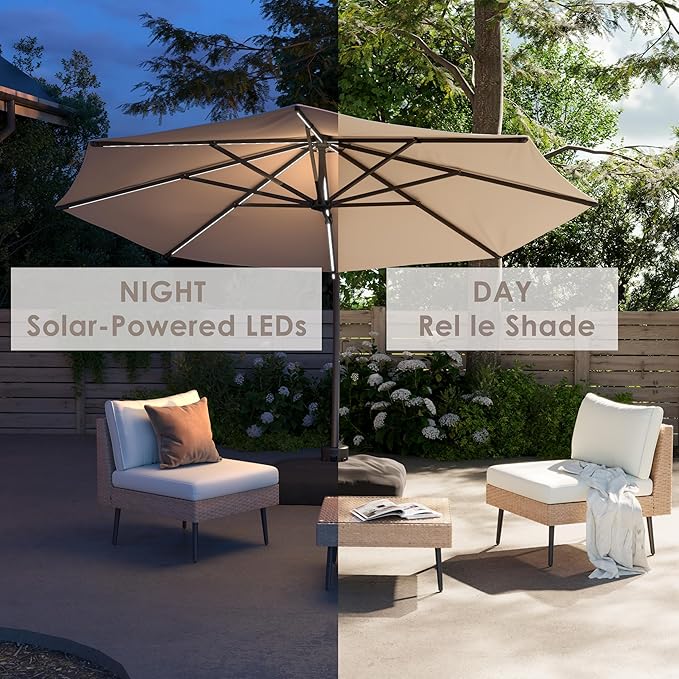 ENSTVER 11FT Solar Powered LED Light Cantilever Patio Umbrella With Base Included, Round Large Aluminum Outdoor Cantilever, Heavy Duty Offset Umbrella with 360°Rotation for Pool, Deck, Backyard