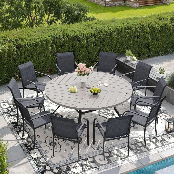 DIFY Patio Dining Set for 10, 11 Piece Outdoor Table and Chairs Set, 59.8" Grey Wood-Like Round Metal Patio Dining Table and 10 Grey Textilene Stackable Patio Chairs, for Backyard Garden Poolside