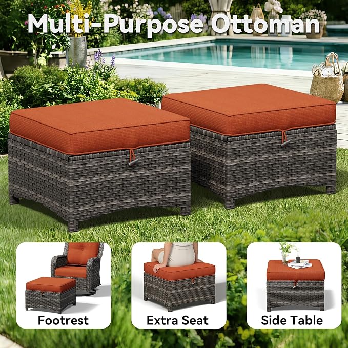 4 Piece Outdoor Wicker Patio Furniture Set, Patio Chairs Set with Thickened Olefin Cushions, High Back and Deep Seating, Hand-Woven PE Rattan, Ottoman for Porch, Deck, Orange