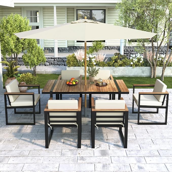 VilroCaz 7 Pieces Outdoor Dining Set, Acacia Wood and Steel Frame Patio Dining Table with Umbrella Hole and 6 Upholstered Chairs for Patio, Backyard, Garden (Beige-Umbr)
