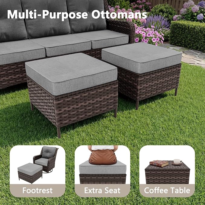 Outdoor Patio Furniture Set,7 Pieces 7 Seats Outdoor Sectional Furniture All Weather Thick PE Rattan Wicker Patio Conversation Set with Ottoman & Coffee Table,Swivel Rocking Chairs Set,Grey