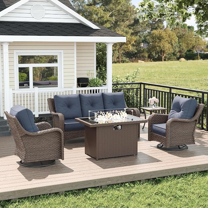 LayinSun 5 Piece Wicker Outdoor Furniture Set with 6-inch Comfy Cushions, High Back Patio Furniture Set with Swivel Rocking Chairs and Fire Pit Table