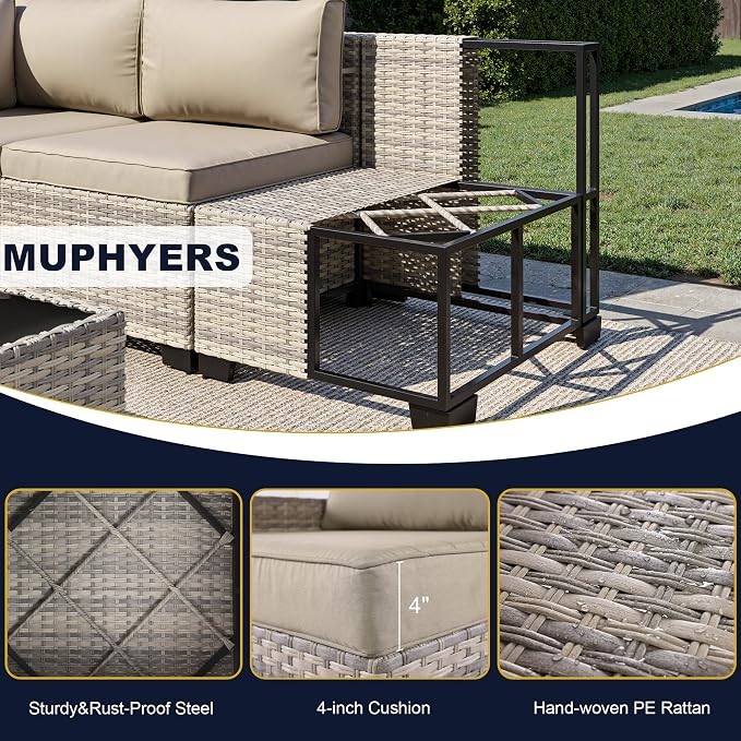 13-Piece Outdoor Patio Furniture Set with Rocking Swivel Chair, Wicker Rattan Sectional Sofa Conversation Set with Tempered Glass Table, Backyard Furniture, Beige