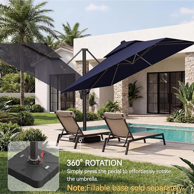 10x10 FT Patio Umbrella, Large Cantilever Double Top Heavy Duty Offset Umbrellas with 360° Rotation, Outdoor shade for Garden Deck Pool, Navy