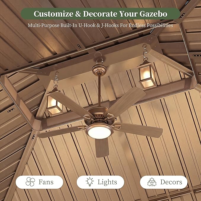 Aoxun 12'x12' Hardtop Gazebo with 4 LED Lights, Outdoor Gazebo with Galvanized Steel Double Roof, Patio Gazebo with Breathable Netting & Privacy Curtain, Decor Hooks for Backyard, Brown